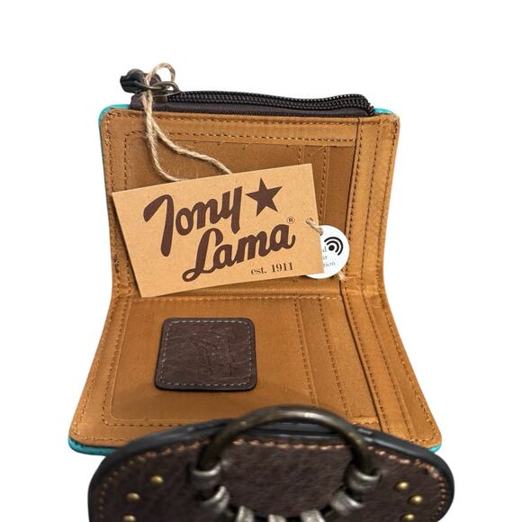 NWT! Tony Lama Western Studded Brown Turquoise Tooled Wristlet Wallet - Picture 7 of 9